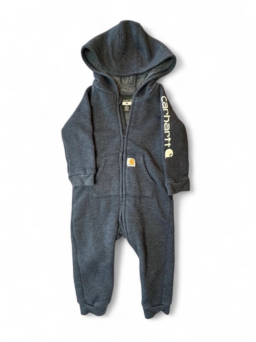 Carhartt Baby Unisex Heather Navy Fleece Hooded Zip Coverall One-Piece Size 9M